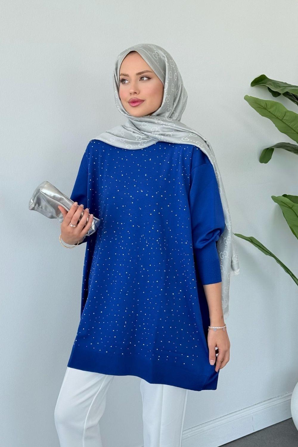 Merserize Taşlı Tunik Saks 2570 
