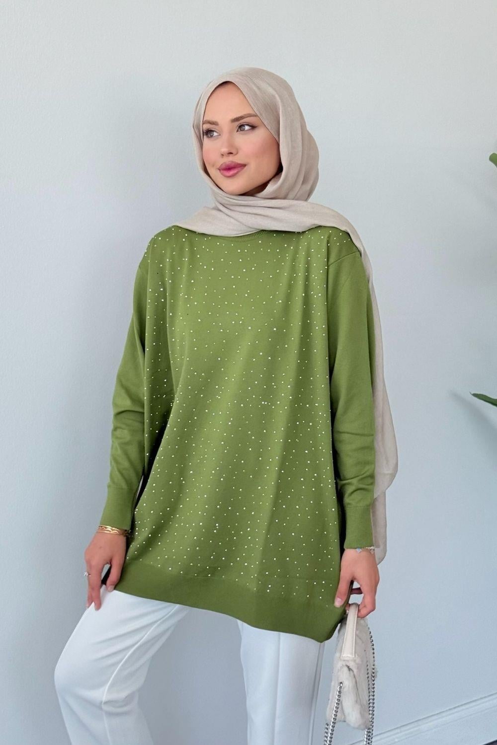 Merserize Taşlı Tunik Yeşil 2570 