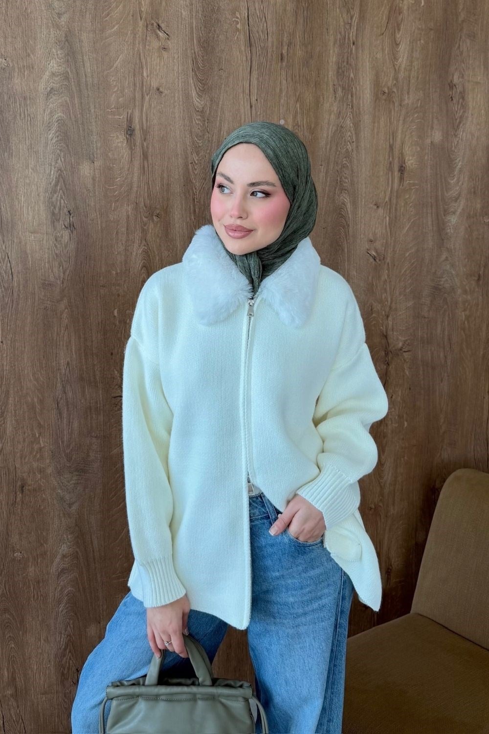Julie Kürk Yaka Hırka Krem 26248 