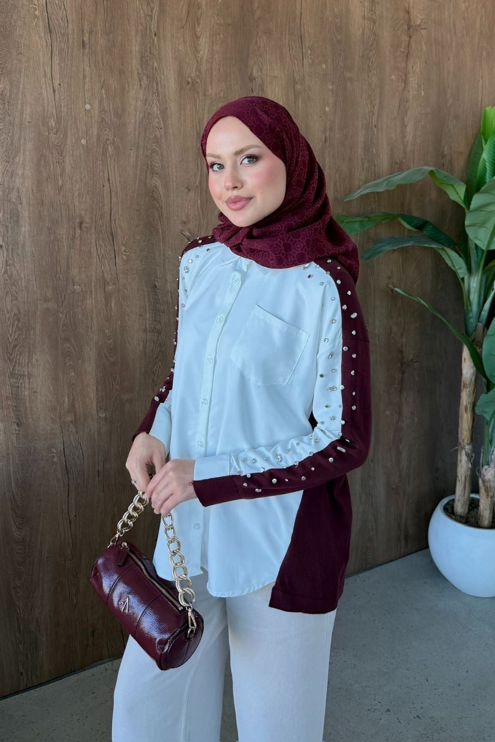 Taşlı Triko Detay Gömlek Bordo 26256 
