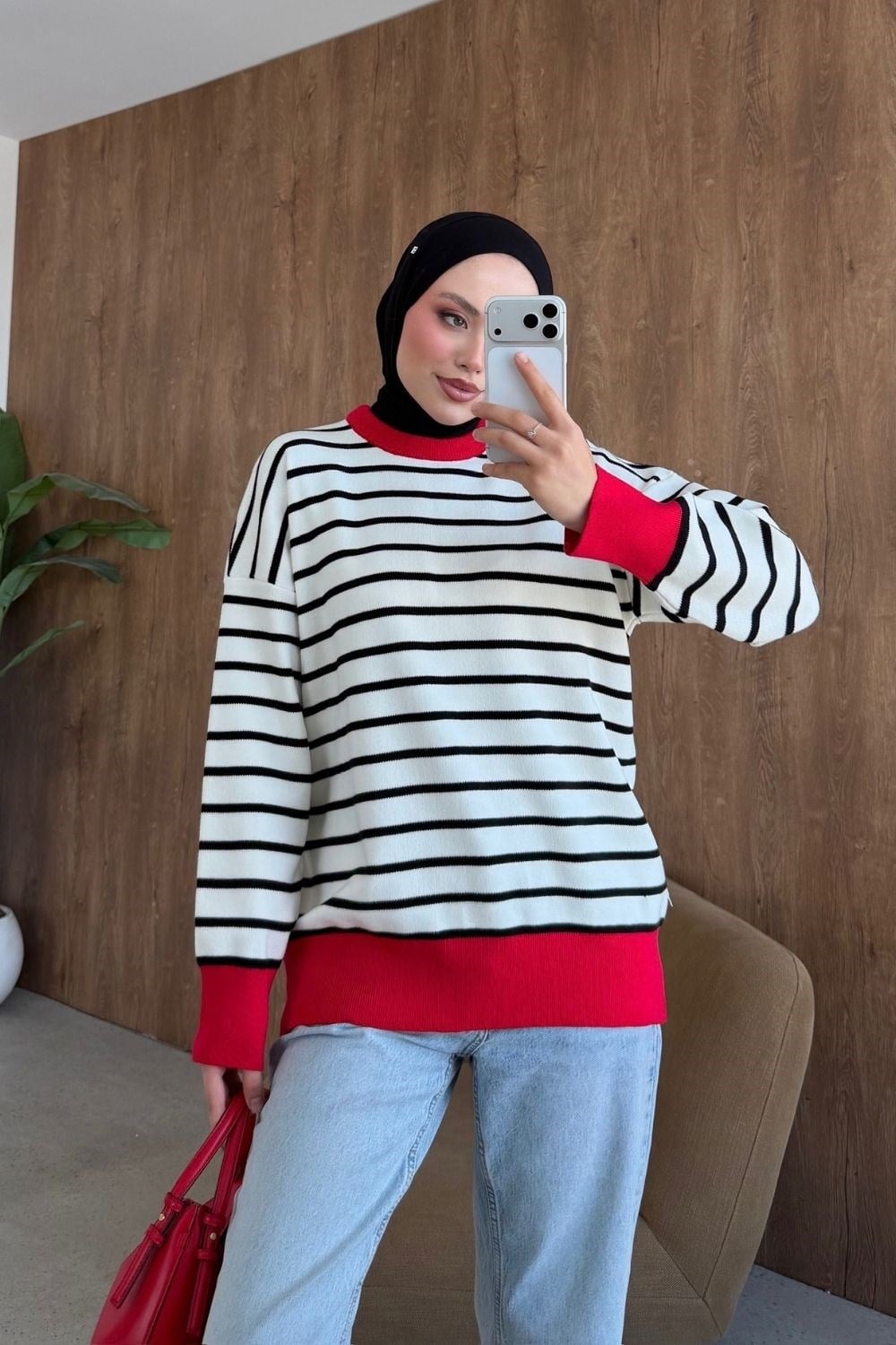 Bisiklet Yaka Çizgili Kazak Kırmızı 26284 