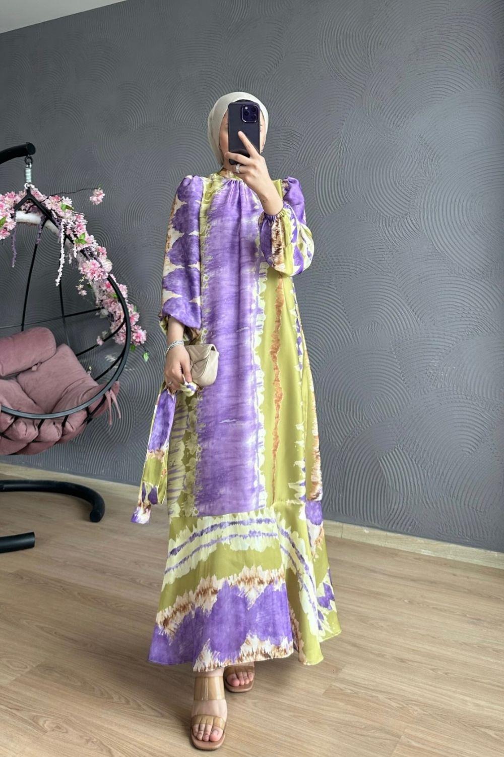 Sahra Saten Elbise Fıstık Yeşili 2787 