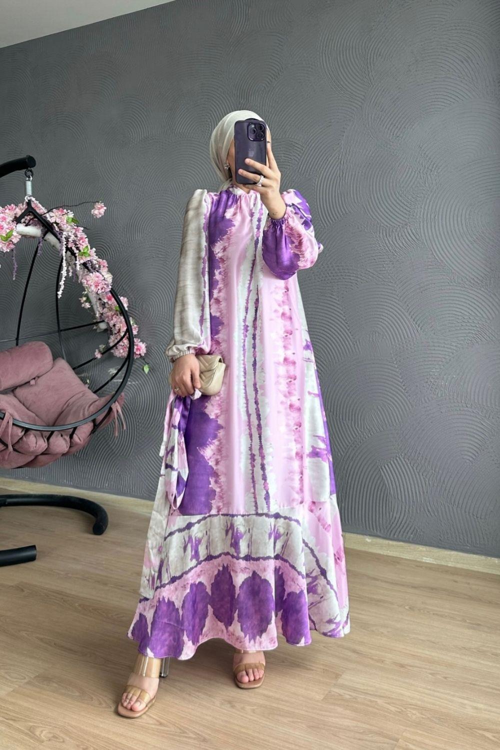 Sahra Saten Elbise Lila 2787 