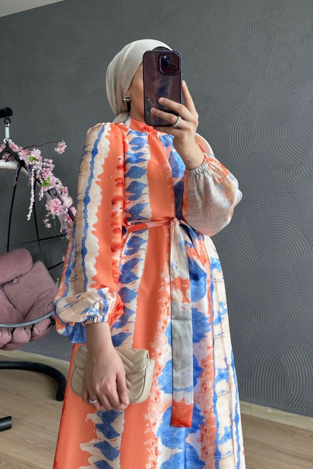 Sahra Saten Elbise Turuncu 2787 