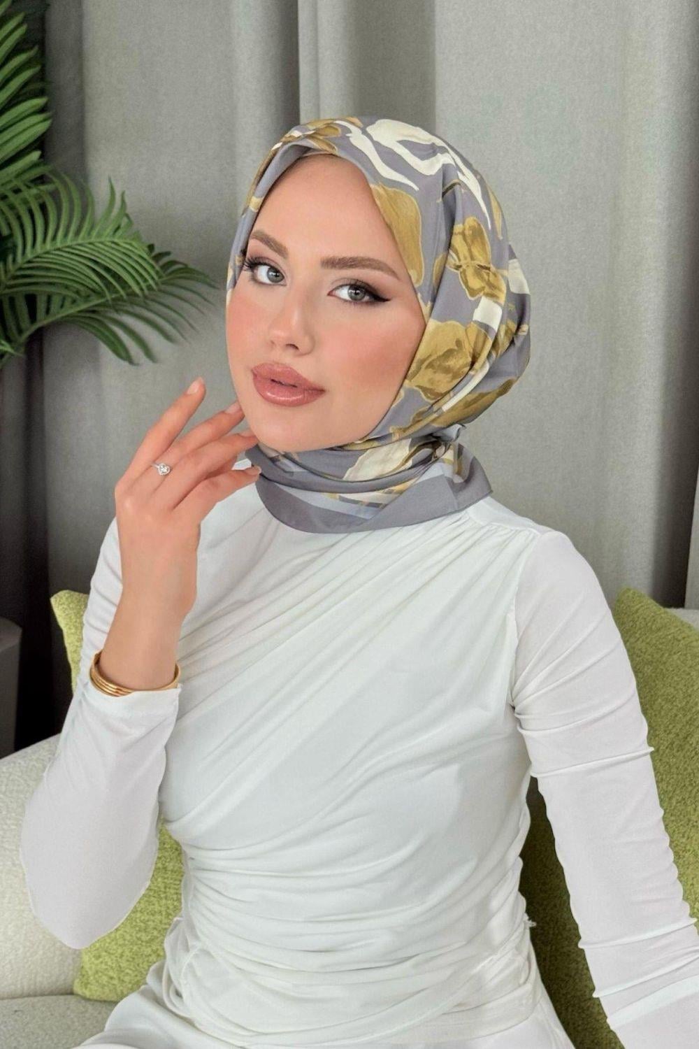 Dijital Desenli Eşarp Gri 30040 