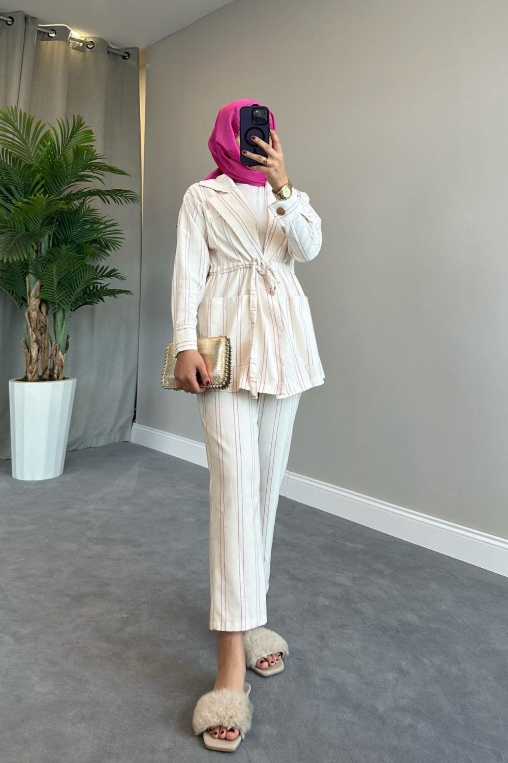 Çizgili Beli Büzgülü Takım Pembe 3005 