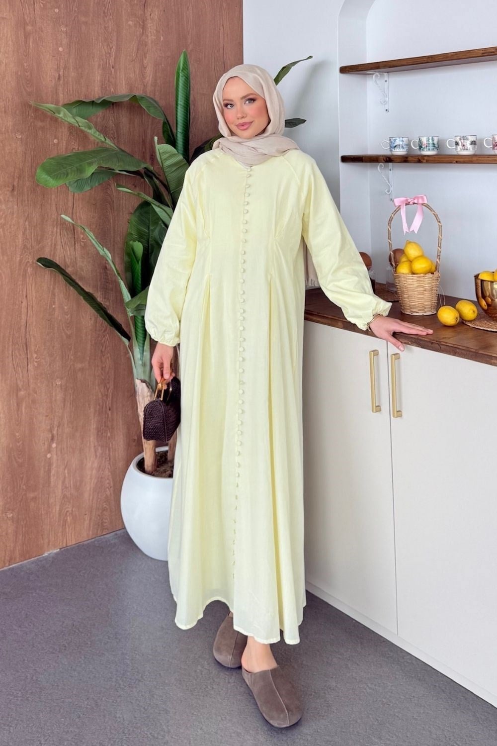 Boydan Düğmeli Elbise Sarı 3030 