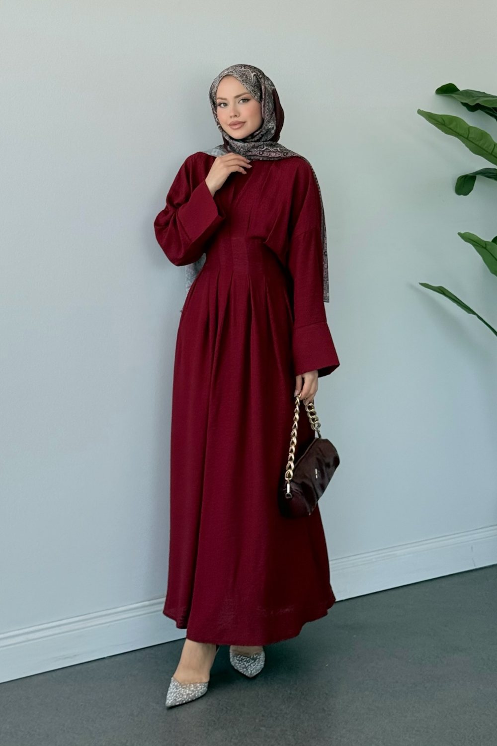 Eyfel Kuşaklı Elbise Bordo 3049 