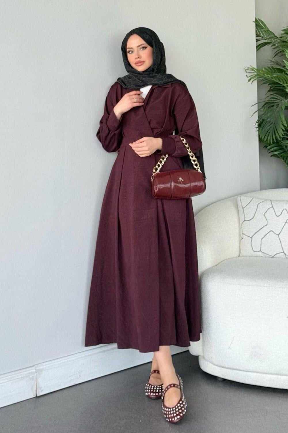 Elizabeth Düğmeli Elbise Bordo 3069 