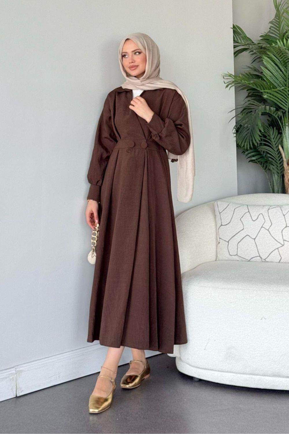 Elizabeth Düğmeli Elbise Kahverengi 3069 