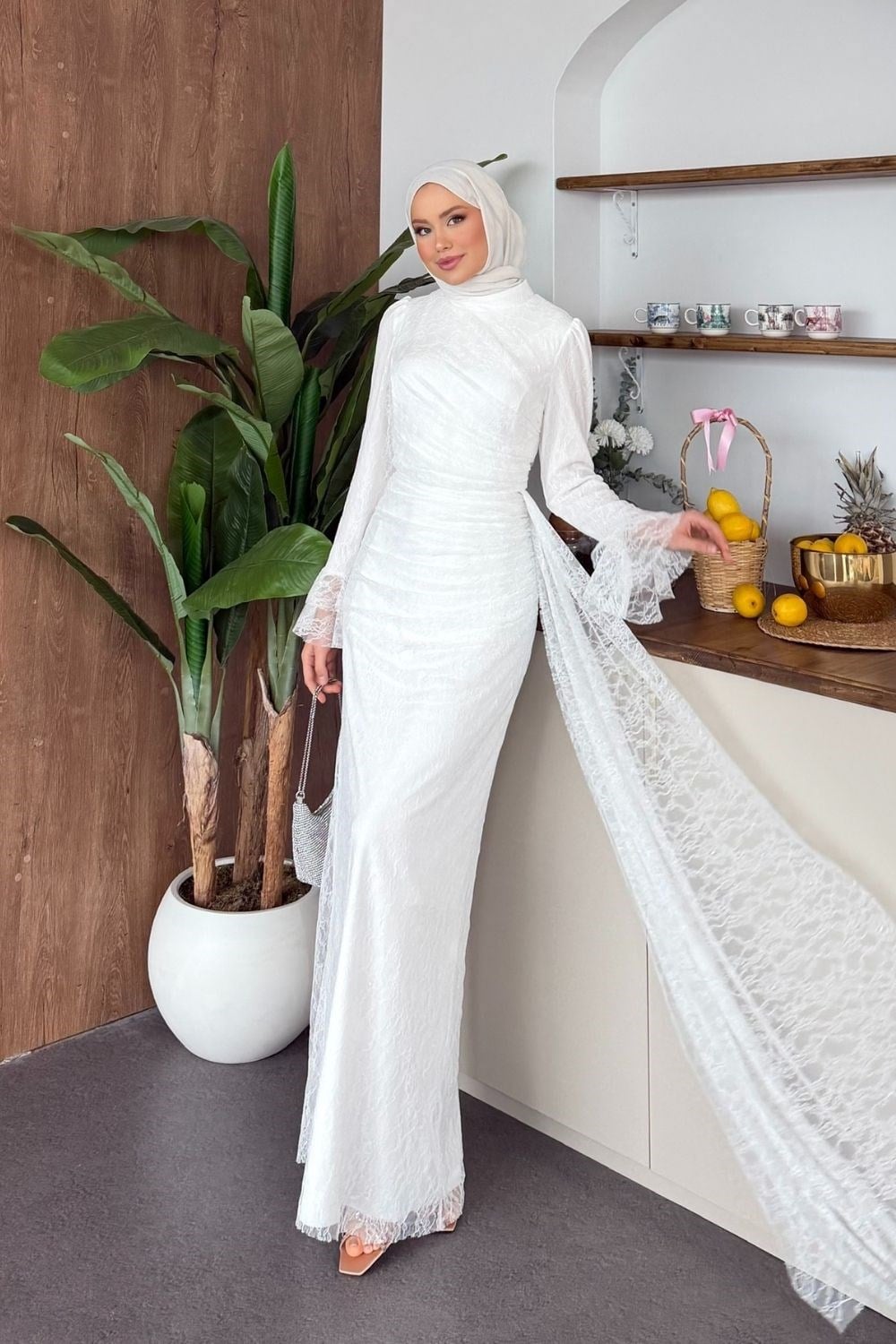 Kaynana Dantelli Elbise Beyaz 3082 