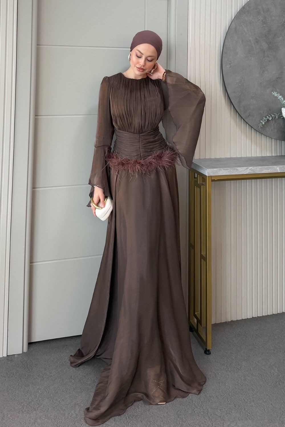 Yonca Bel Drape Tüylü Abiye Kahverengi 3089 