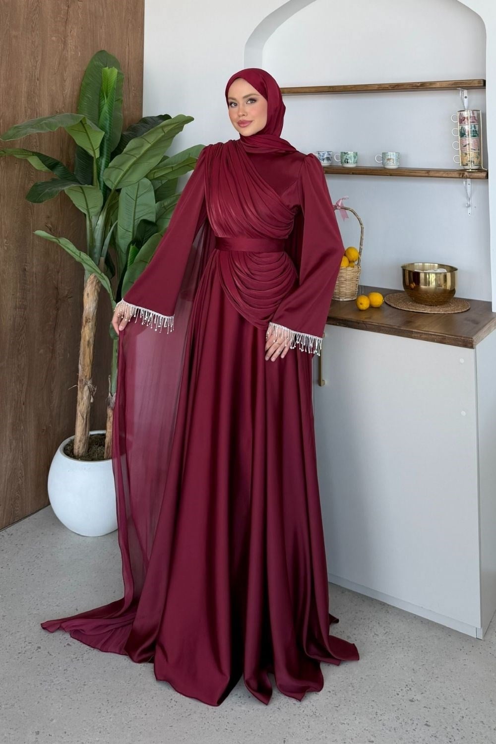 Alara Kol Detay Abiye Bordo 3100 