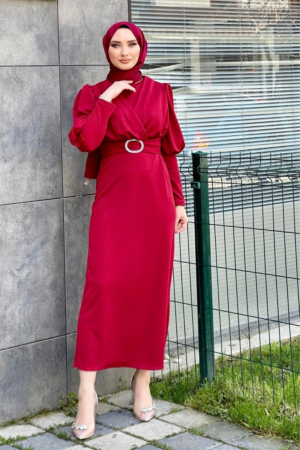 Önü Çapraz Kemerli Elbise Bordo 4140 
