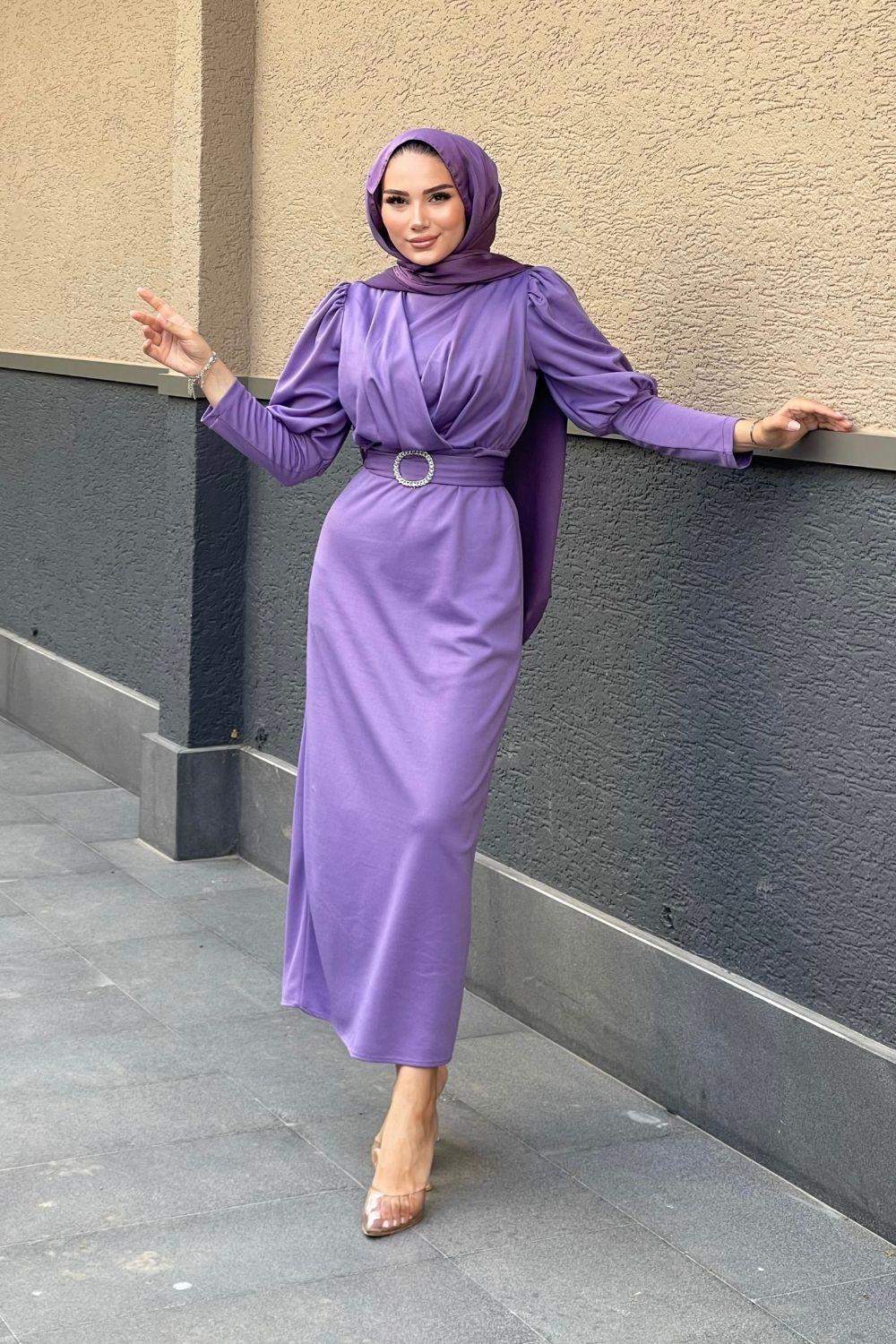 Önü Çapraz Kemerli Elbise Lila 4140 