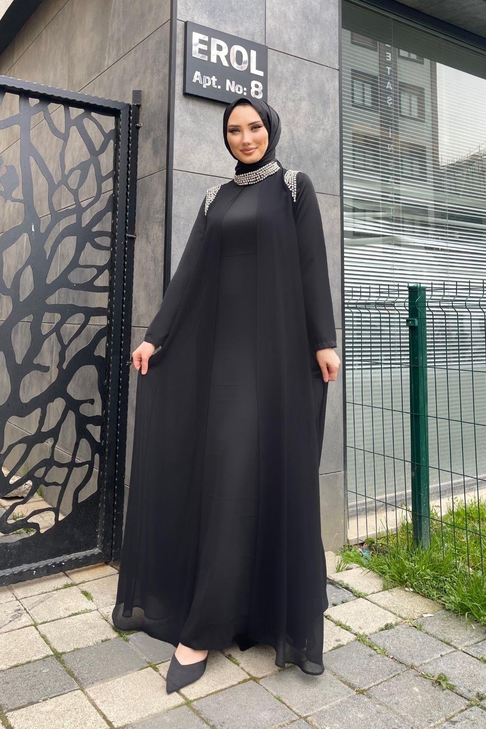 Omzu Yakası Taşlı Abiye Siyah 4320 