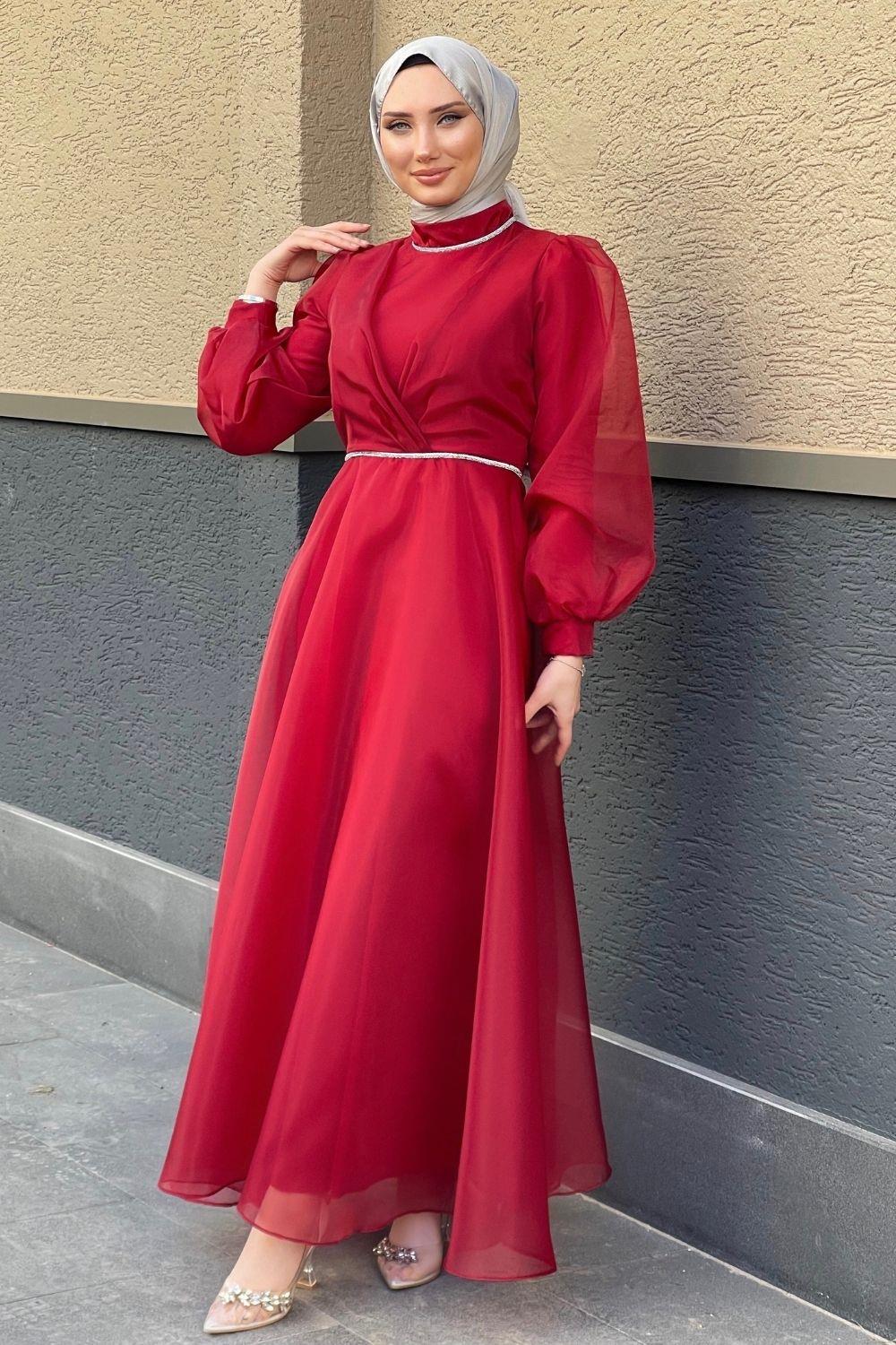 Boynu Ve Beli Taşlı Tül Abiye Bordo 4327 