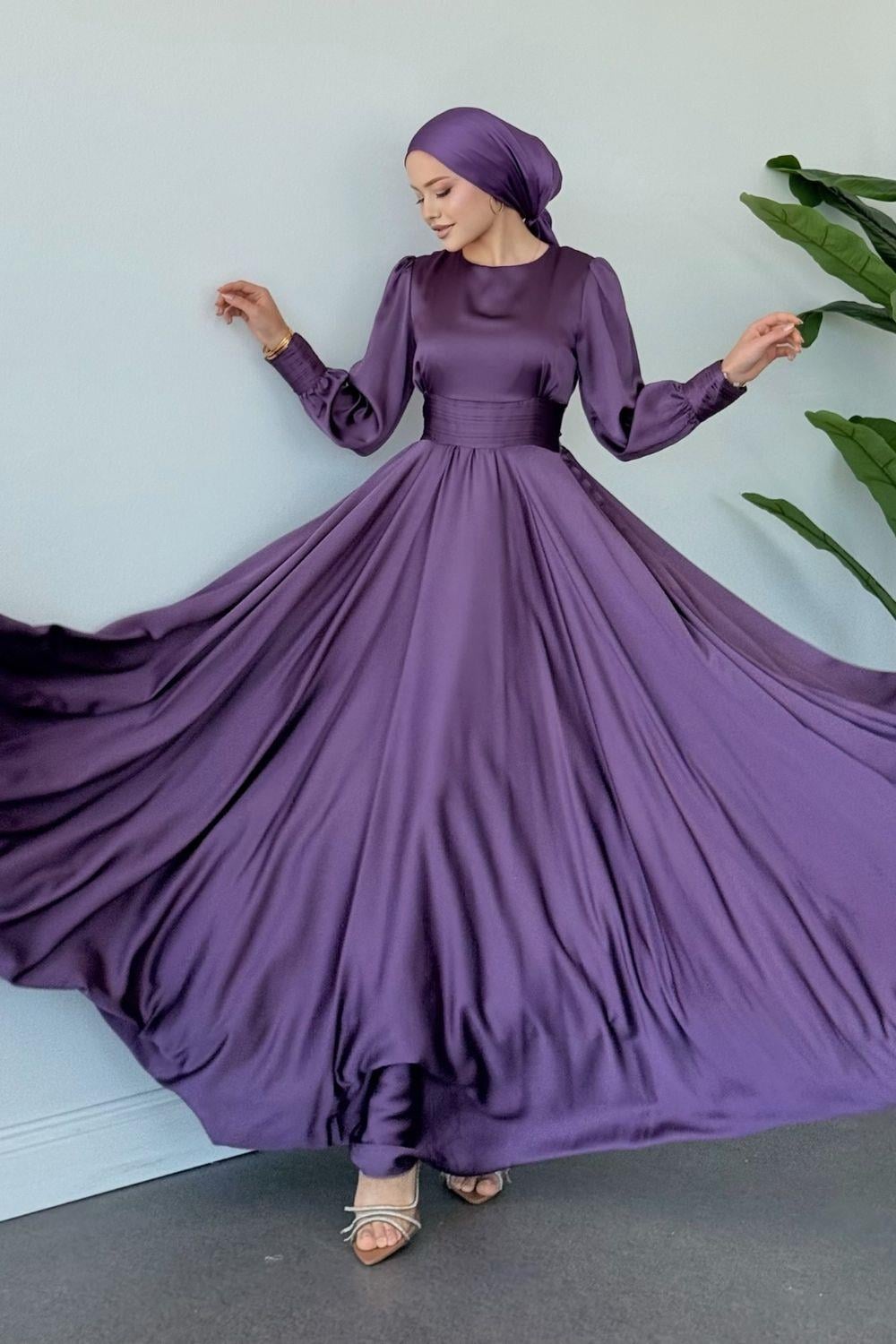 Beli Pilise Detaylı Maxi Tesettür Abiye Mor 434000 