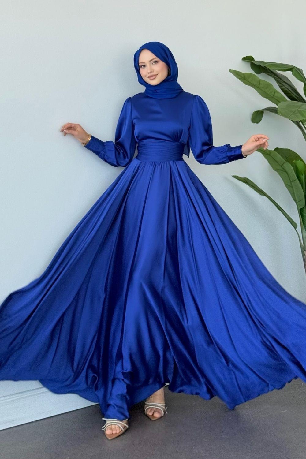 Beli Pilise Detaylı Maxi Tesettür Abiye Saks 434000 