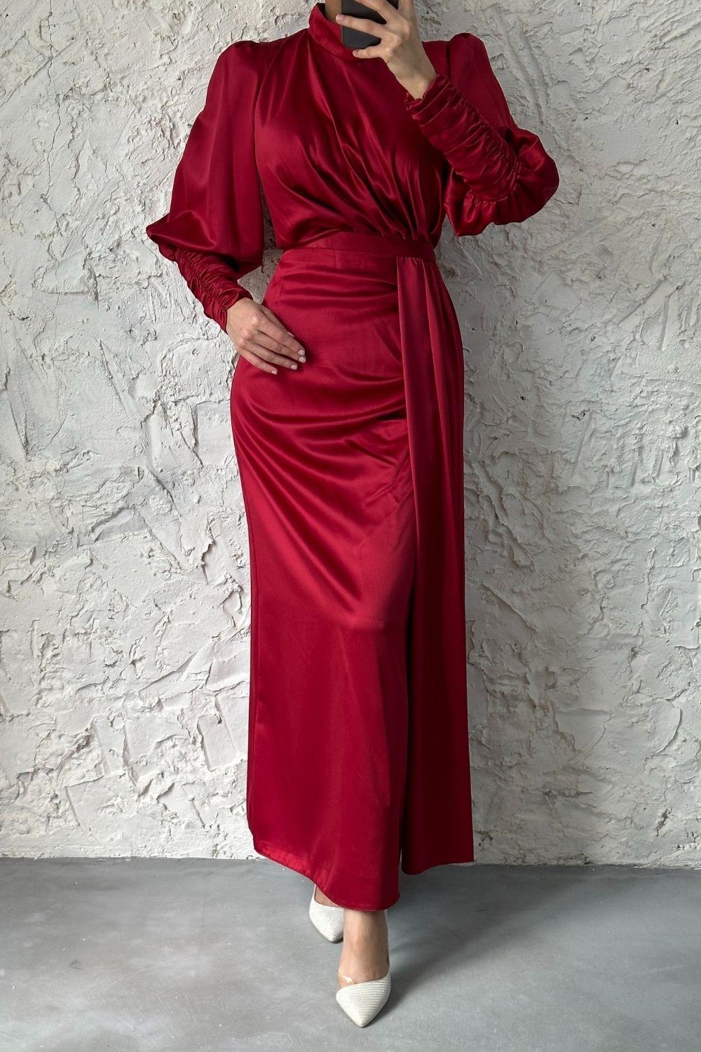 Bilekleri Drape Detay Abiye Bordo 4357 