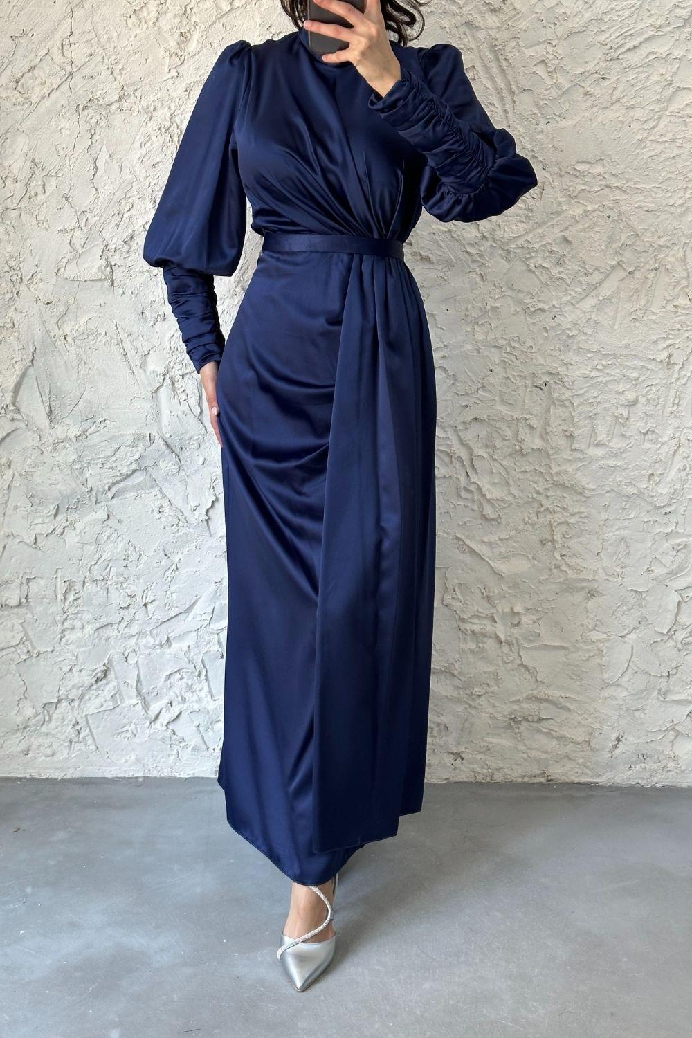 Bilekleri Drape Detay Abiye Lacivert 4357 