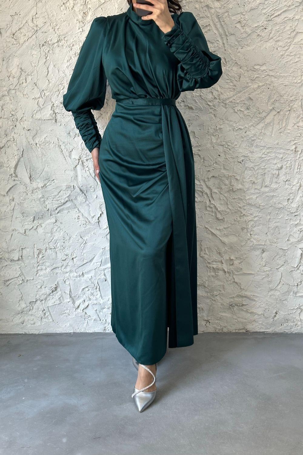 Bilekleri Drape Detay Abiye Zümrüt 4357 