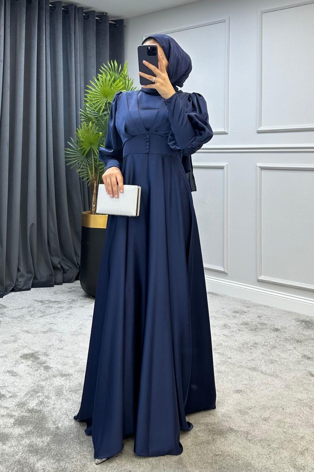Düğmeli Saten Abiye Lacivert 4374 