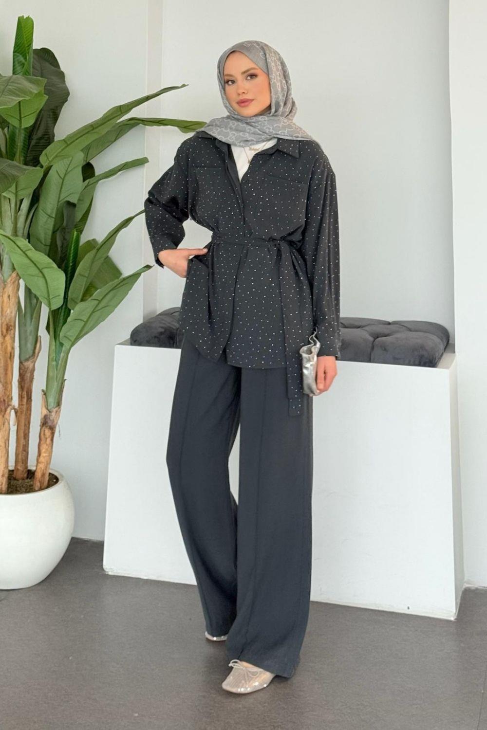 Taş Detaylı Pantolonlu Takım Kül 4404 