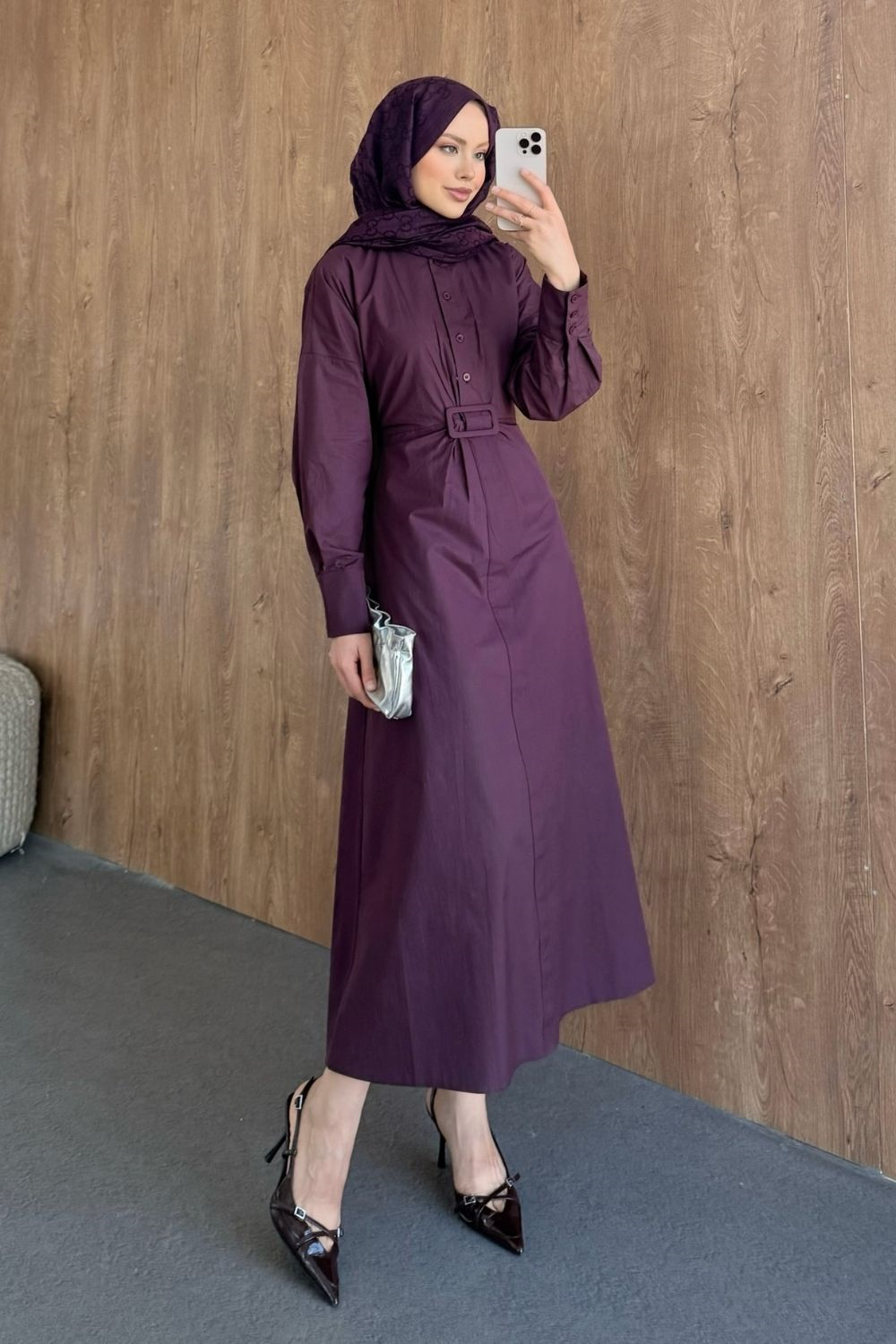 Tokalı Detaylı Elbise Mürdüm 4416 