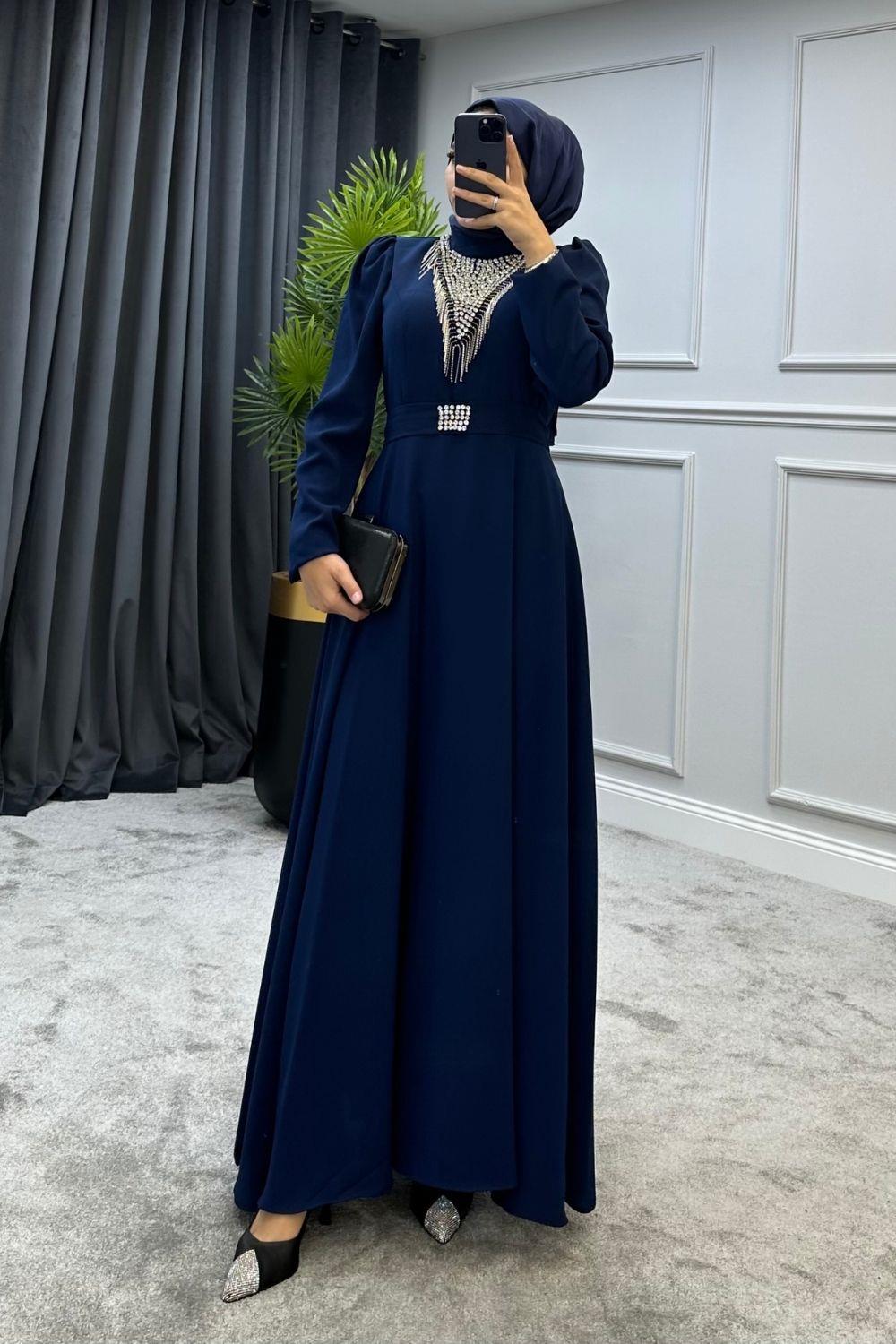 Göğsü Ve Kemeri Taşlı Abiye Lacivert 4432 