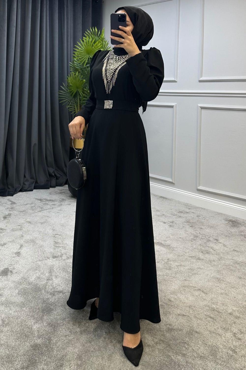 Göğsü Ve Kemeri Taşlı Abiye Siyah 4432 