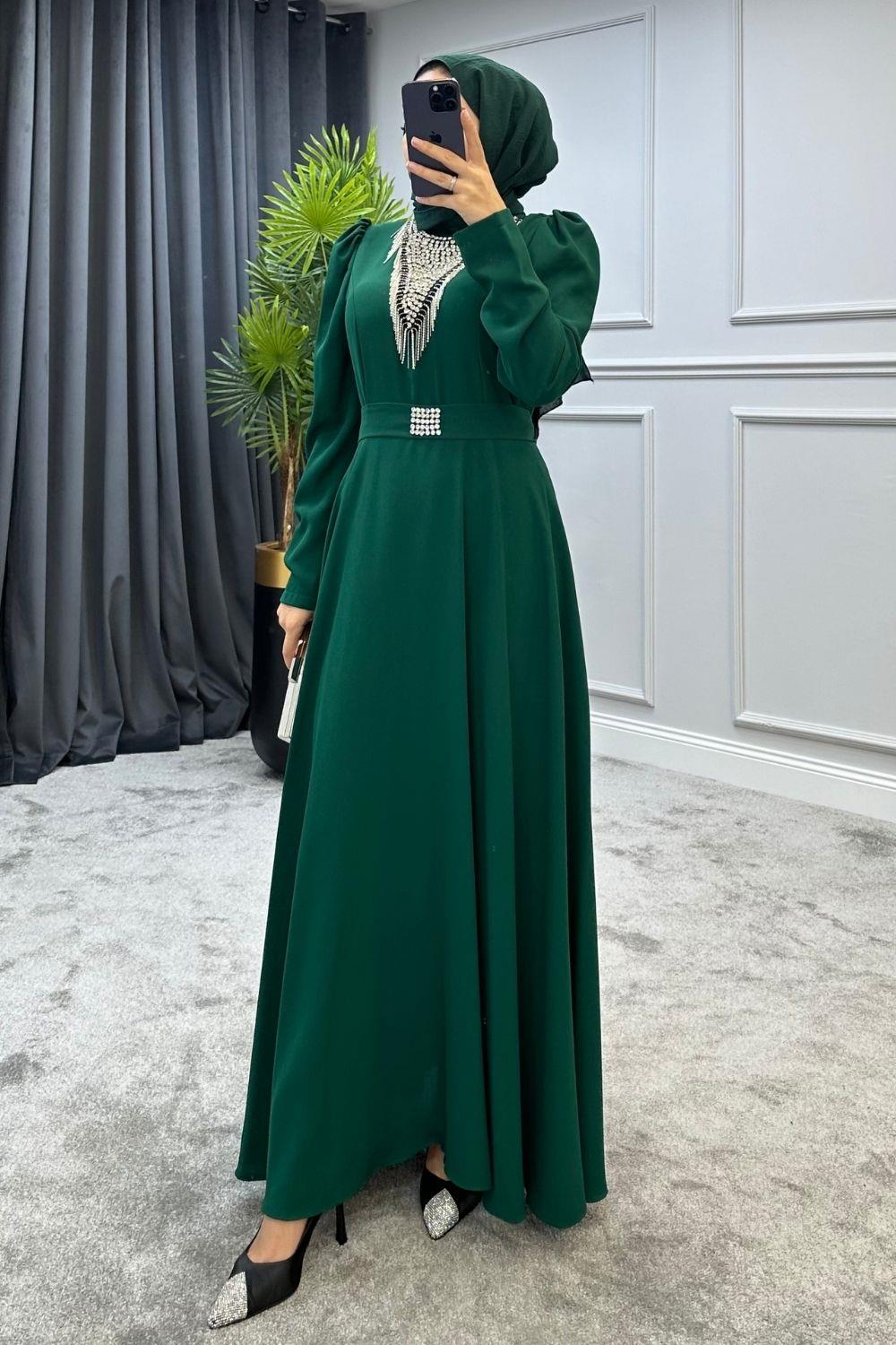 Göğsü Ve Kemeri Taşlı Abiye Yeşil 4432 