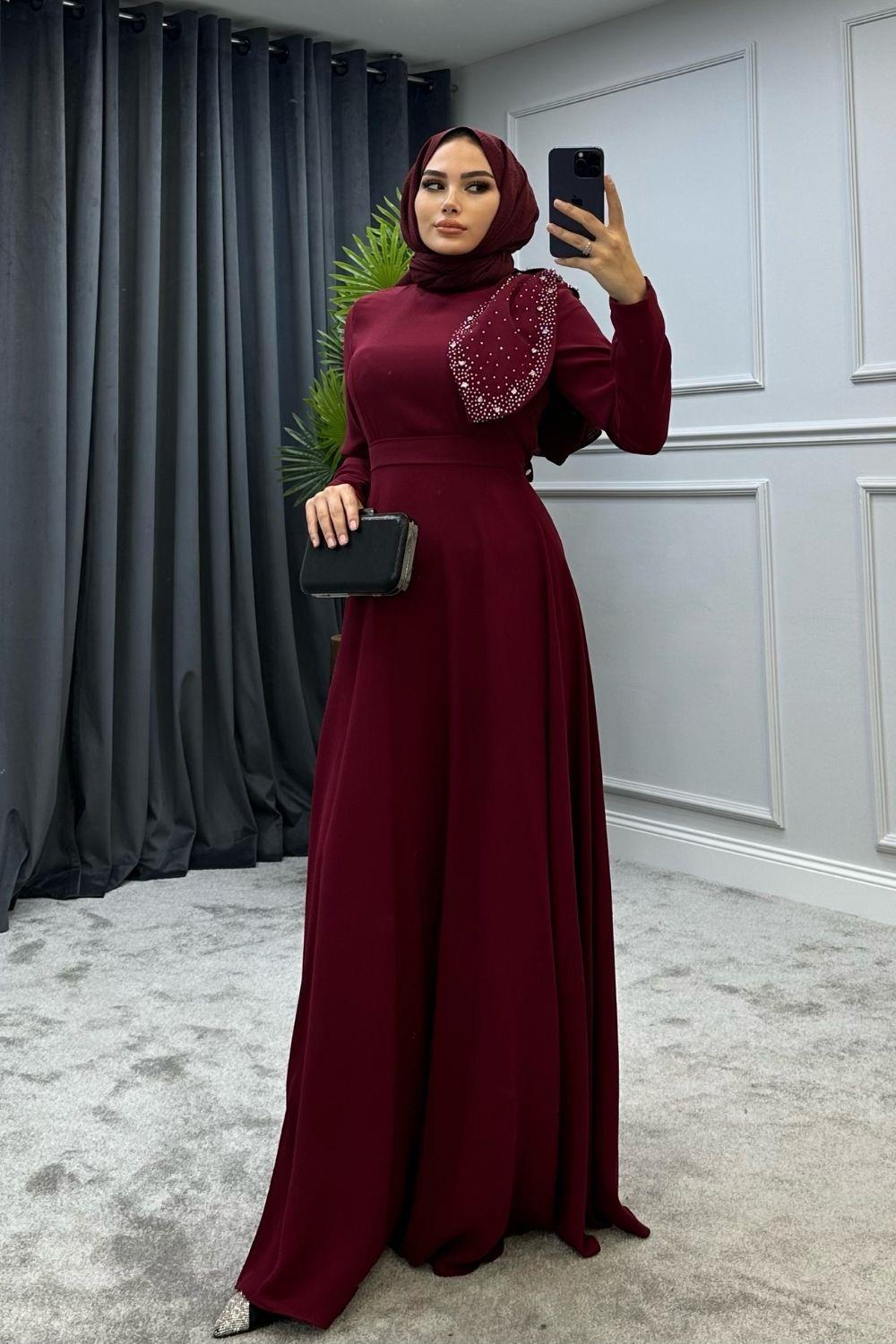Taşlı Fiyonklu Abiye Bordo 4434 