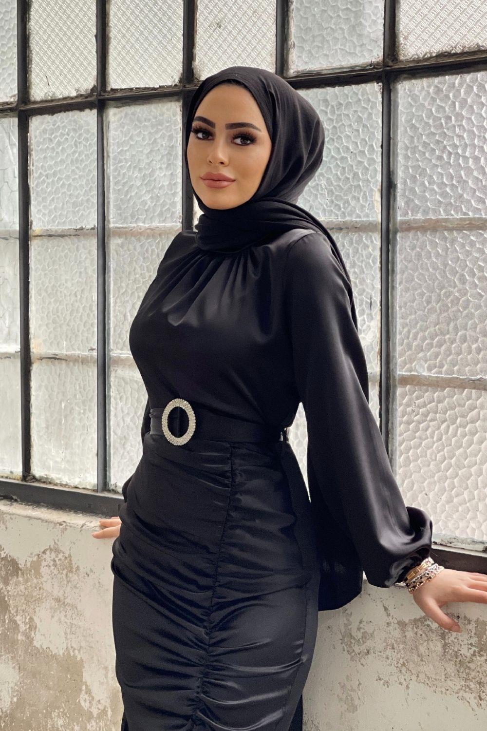 Eteği Büzgülü Kemerli Saten Abiye Siyah 4486 
