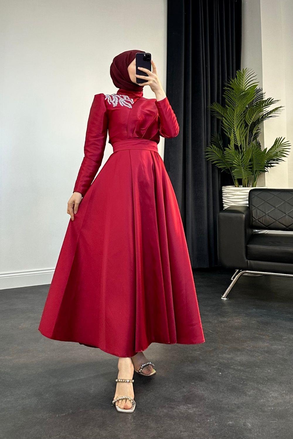 Omzu Taşlı Kafta Abiye Bordo 44970 