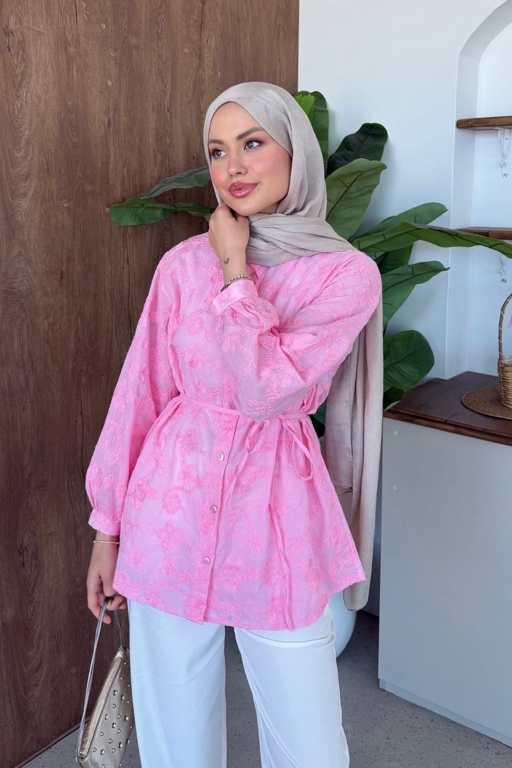 Lade Güpür Gömlek Pembe 4499 