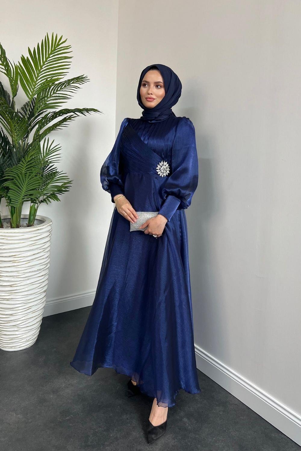 Beli Taş Detaylı Janjan Abiye Lacivert 4579 