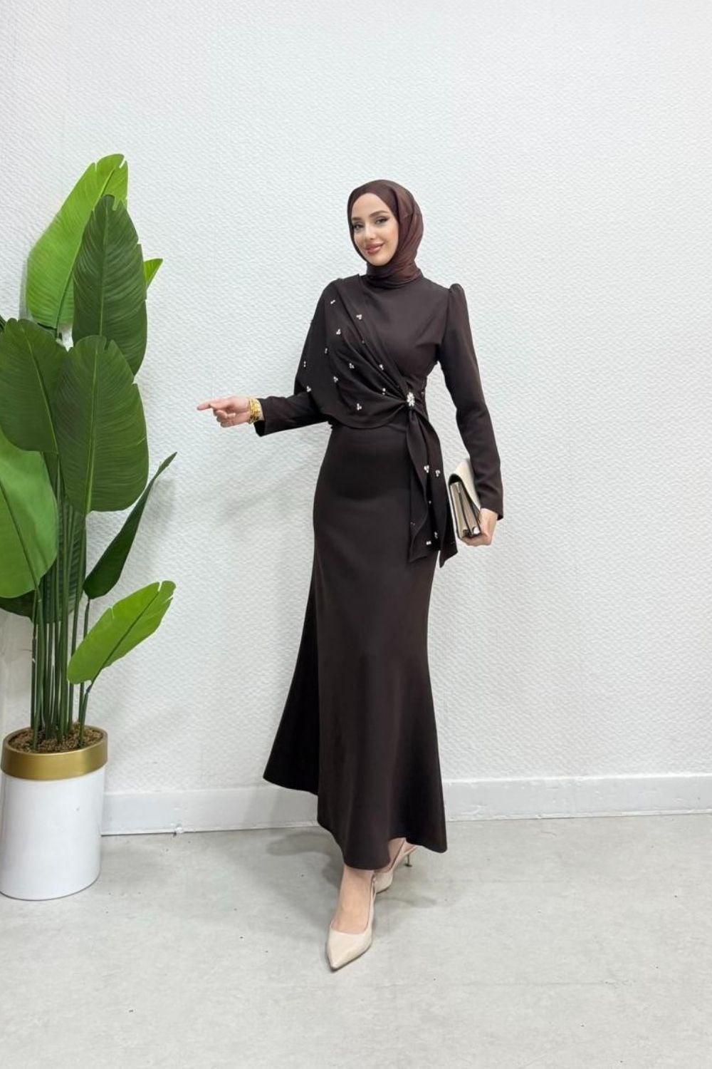 Hilary Drape Detay Abiye Kahverengi 4725 