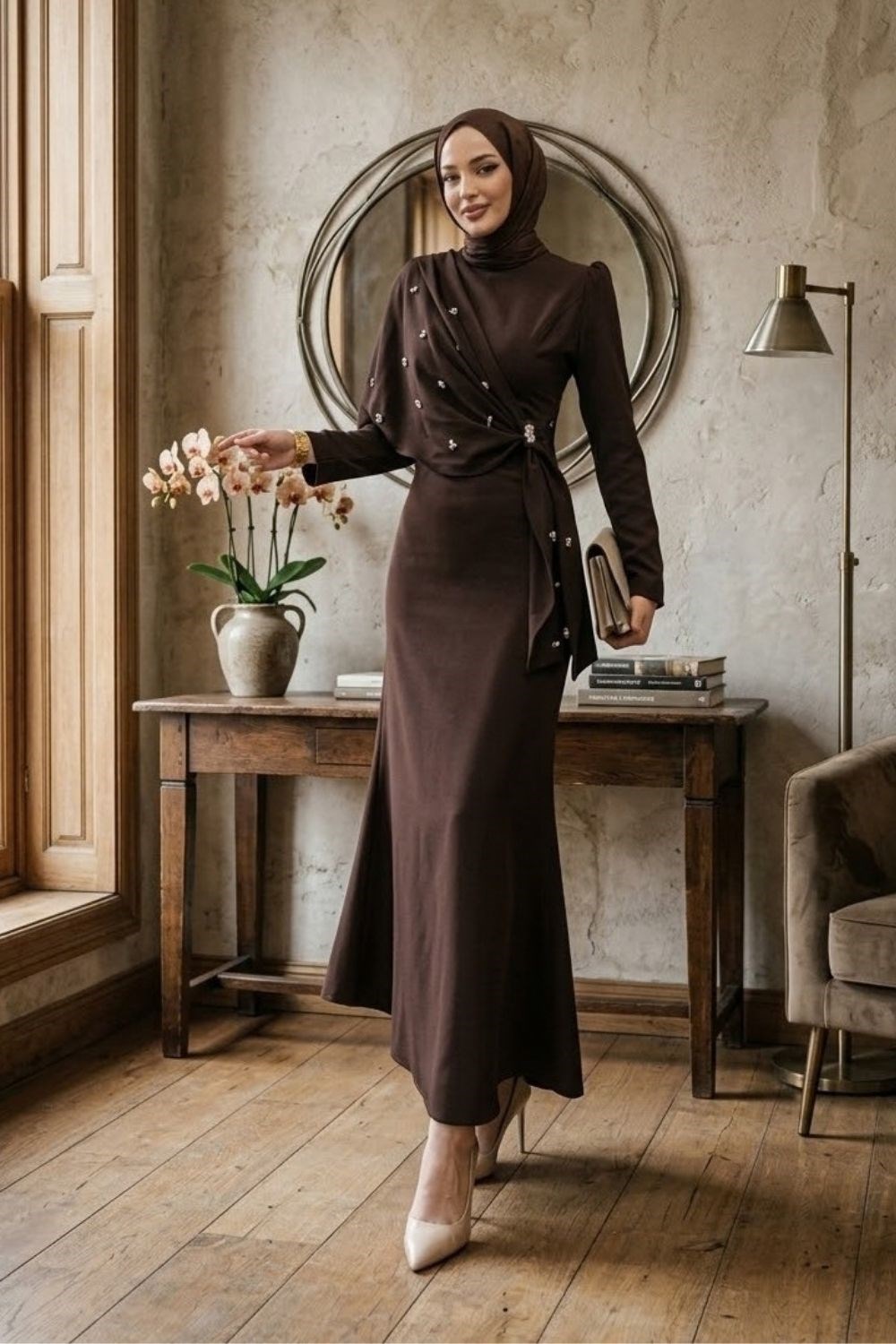 Hilary Drape Detay Abiye Kahverengi 4725 