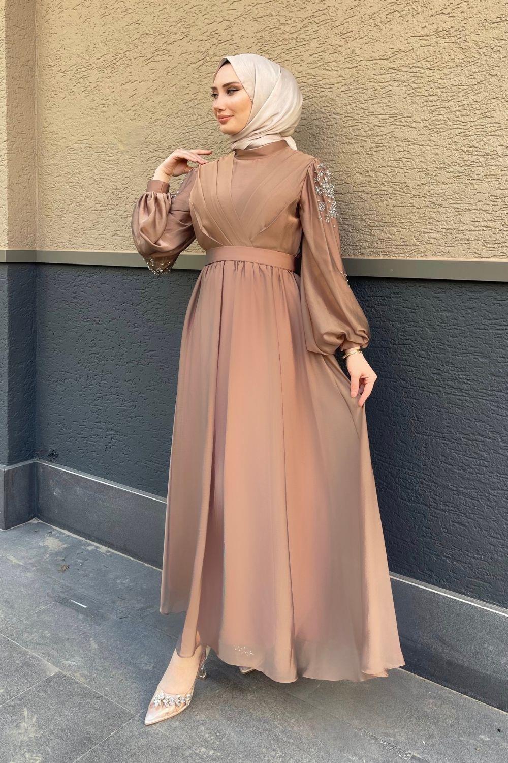 Kruvaze Yaka Kolu Taşlı Abiye Camel 4753 