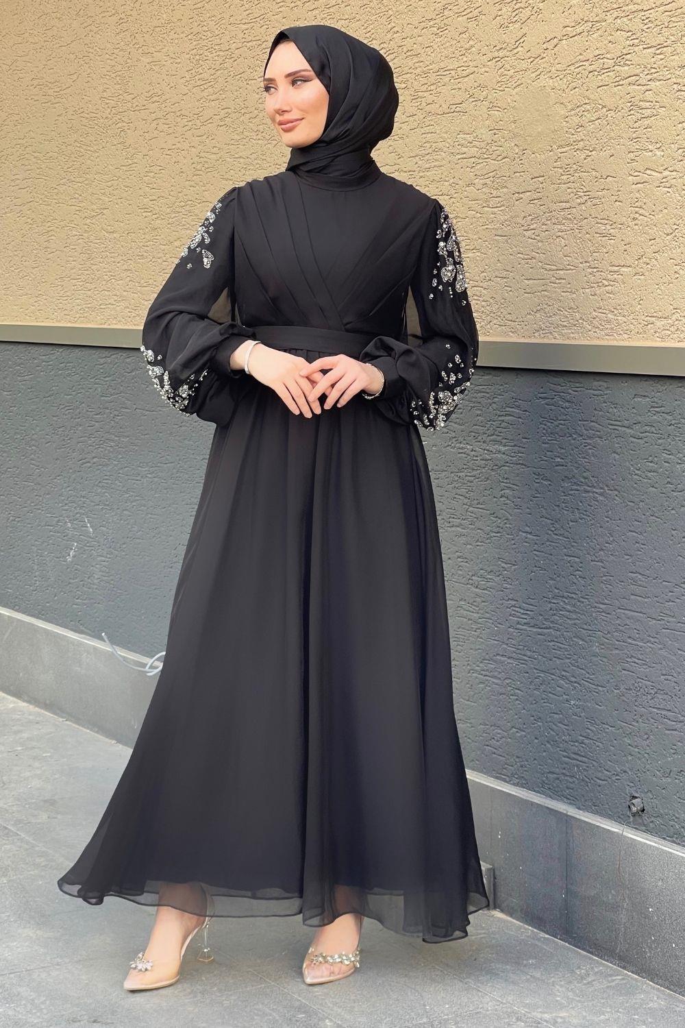 Kruvaze Yaka Kolu Taşlı Abiye Siyah 4753 