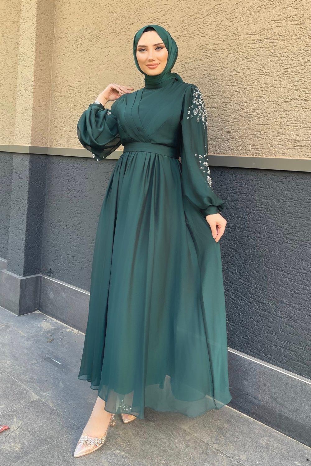 Kruvaze Yaka Kolu Taşlı Abiye Zümrüt 4753 