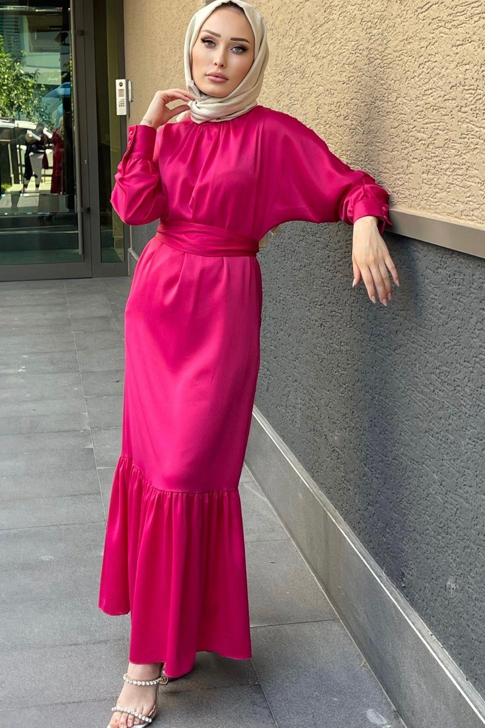 Eteği Volanlı Saten Abiye Fuşya 4786 