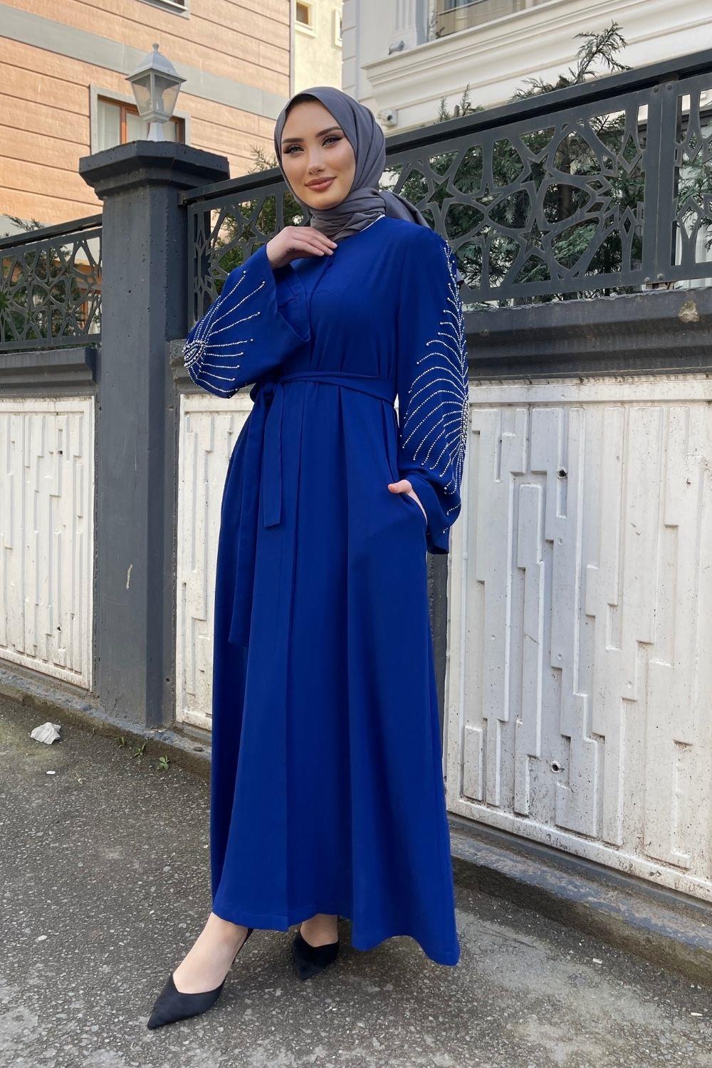 Geniş Kol Kolları Taşlı Abaya Saks 4787 