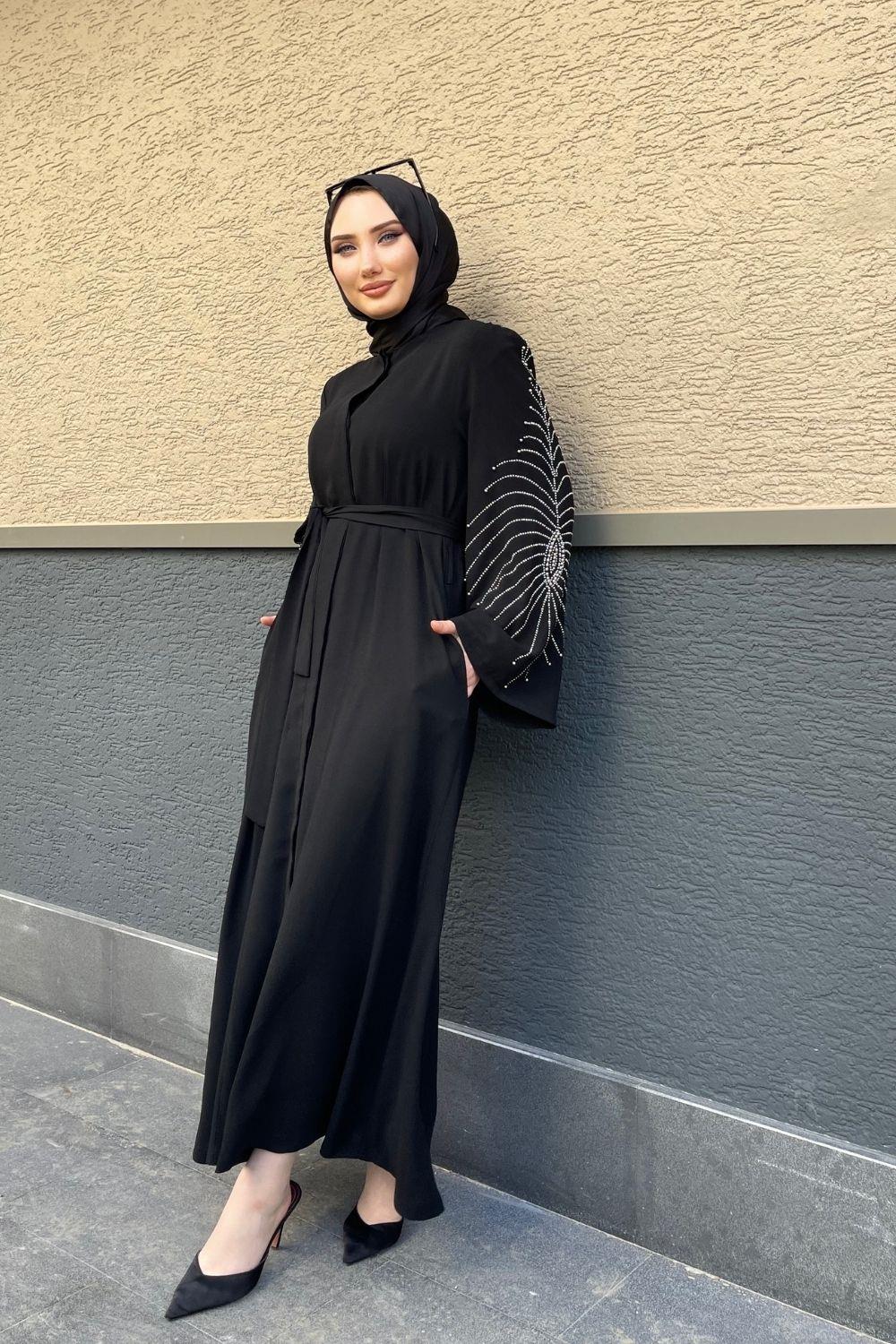 Geniş Kol Kolları Taşlı Abaya Siyah 4787 