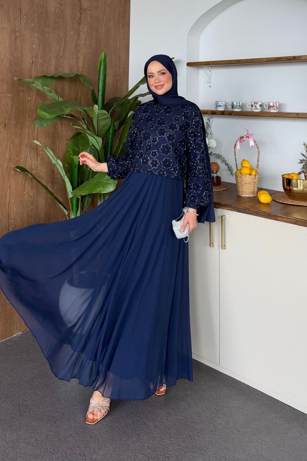 Papatya Taşlı Abiye Lacivert 4845 
