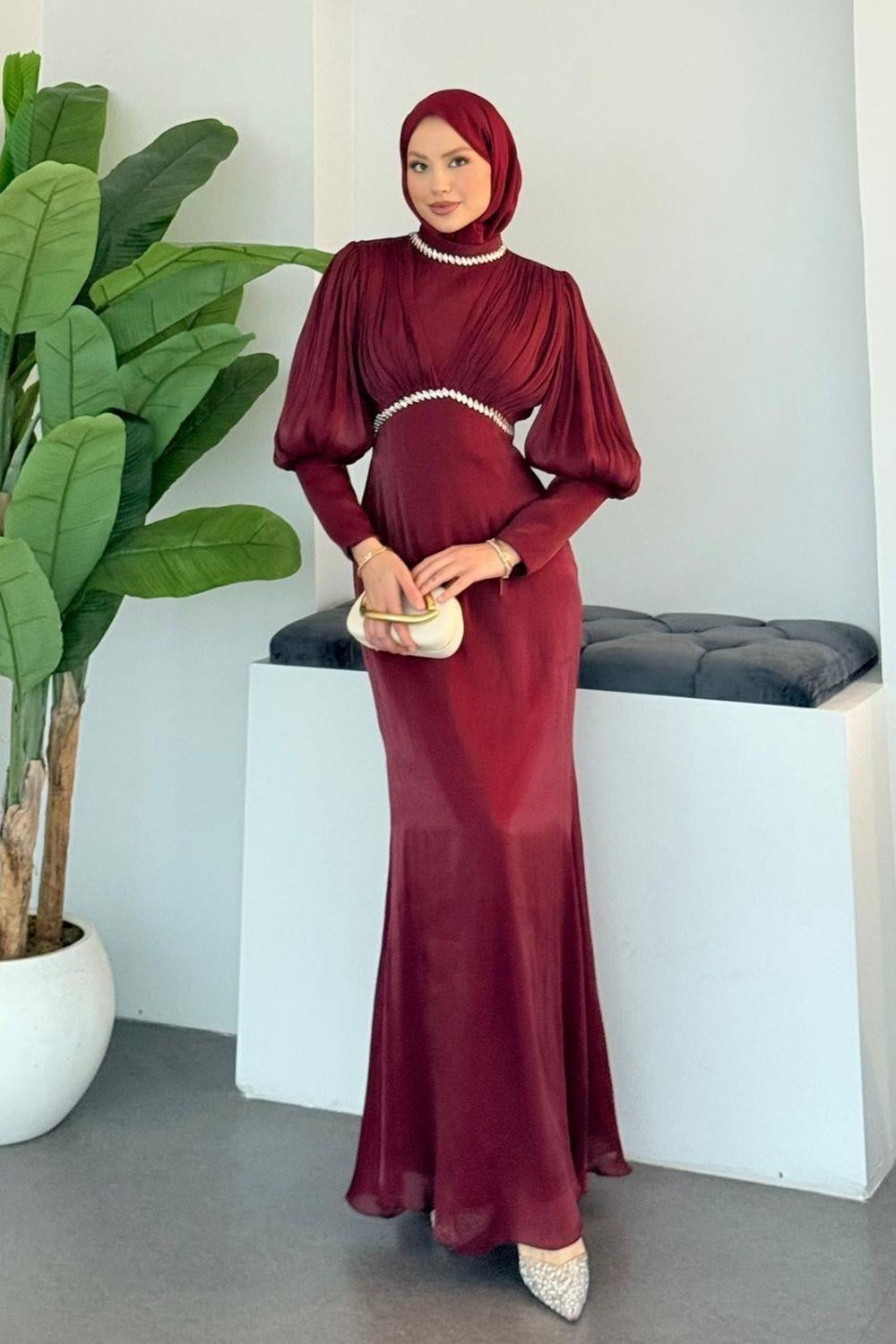 Duygu Bel Yaka Taşlı Abiye Bordo 4849 