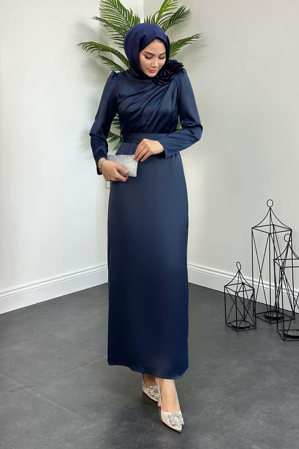 Gül Detaylı Saten Abiye Lacivert 4900 