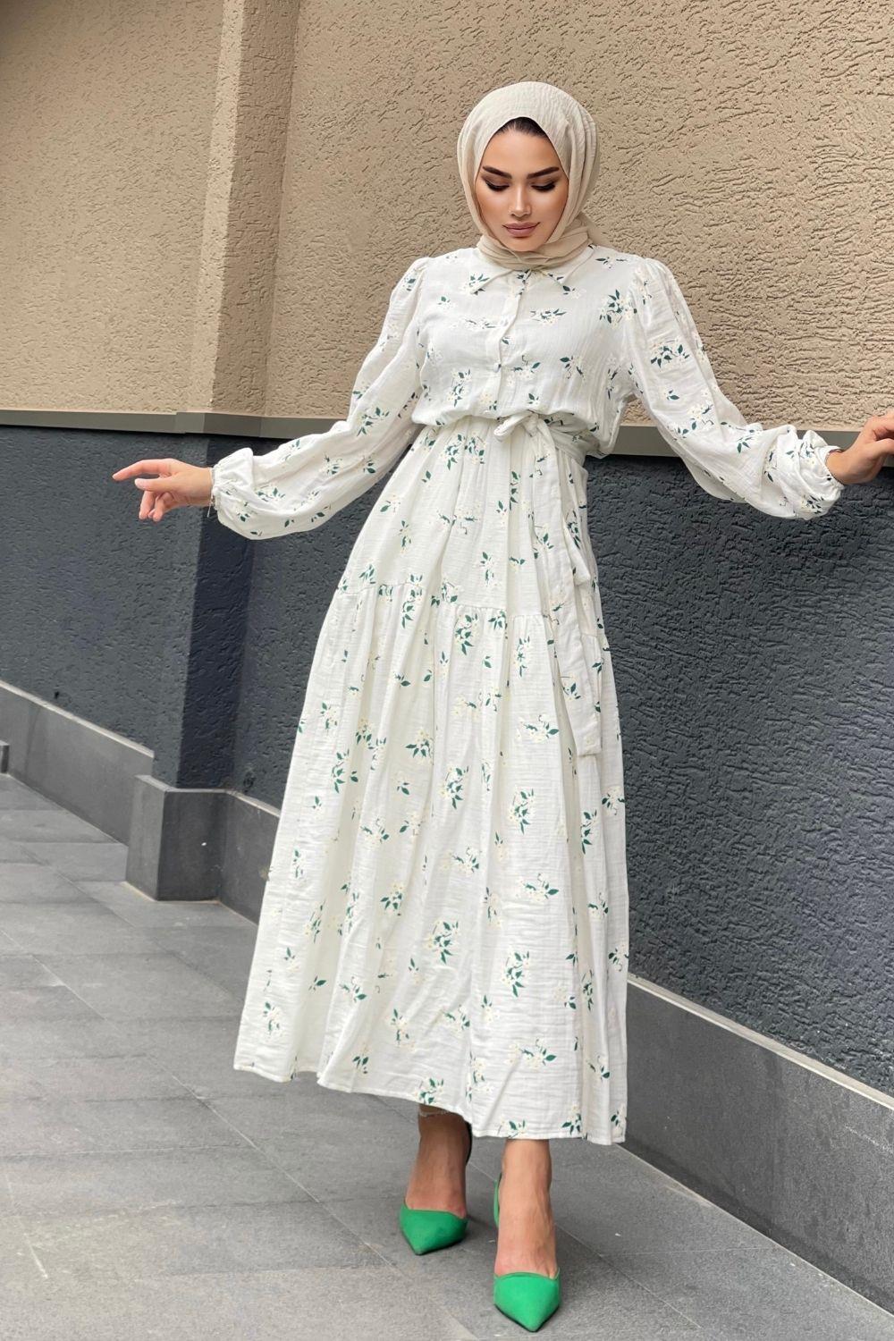 Papatya Desenli Elbise Yeşil 5017 
