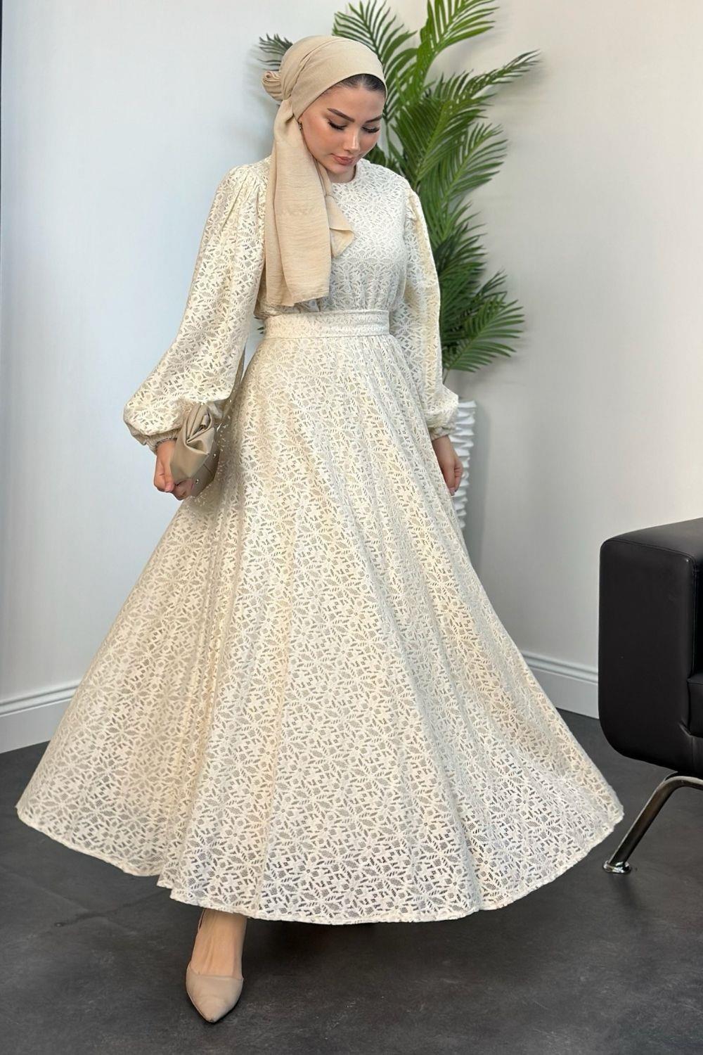 Gazel Dantelli Elbise Bej 5039 